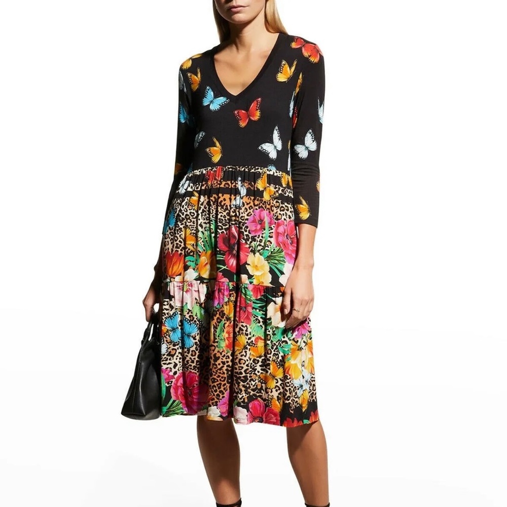 Johnny Was Black Multicolor Floral and Butterfly Dress